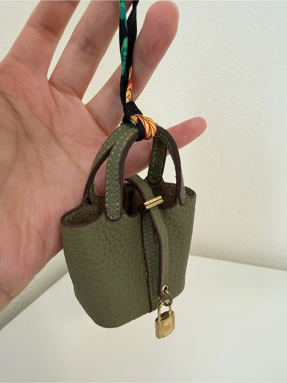 Top Grain Leather Mini Tote Bag Charm Olive Green Mini Purse Charm